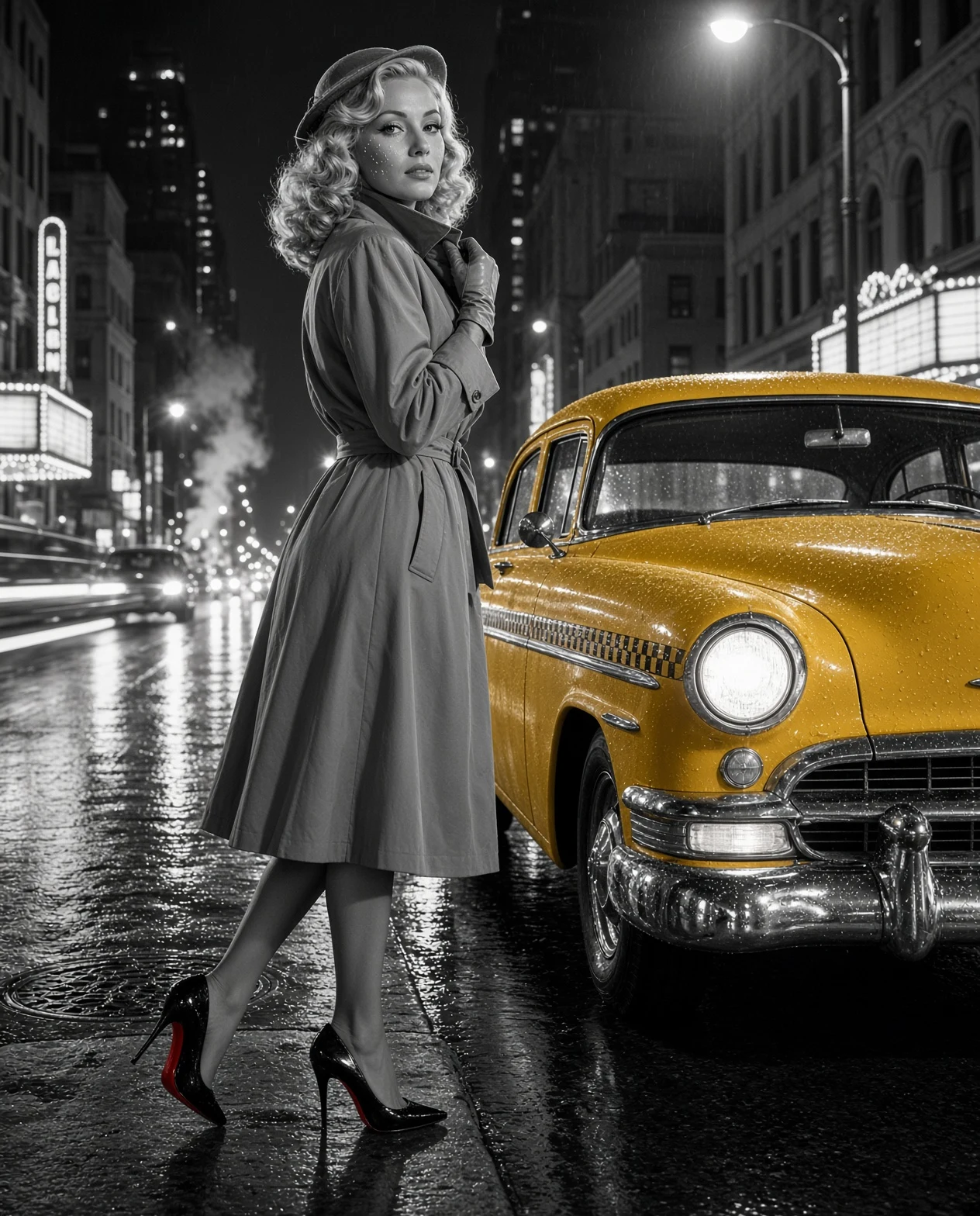 Black and white 1950s noir photo of a blonde woman in a trench coat and felt hat at a rainy city curb at night beside a glowing yellow vintage taxi, the red soles of her heels the only other color