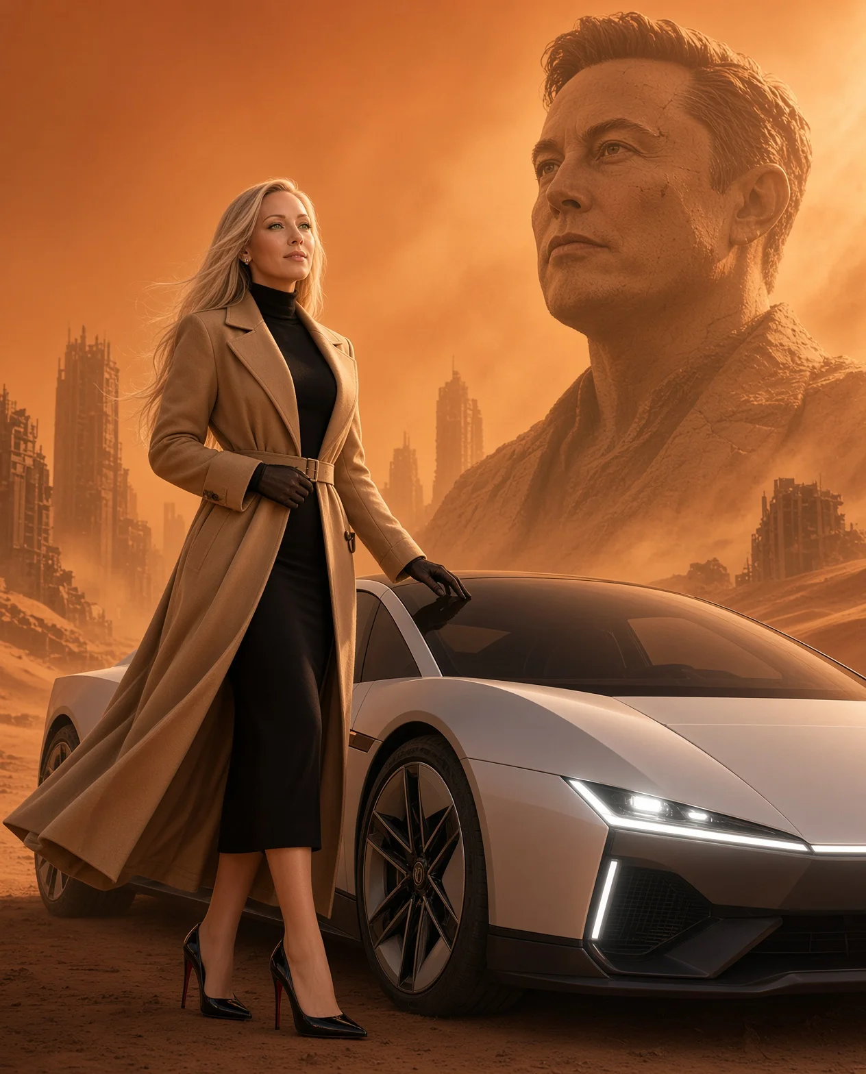 Blonde woman in a camel trench coat beside a white Tesla Roadster in an orange-hazed abandoned desert city, a colossal sandstone bust rising from the dunes behind her