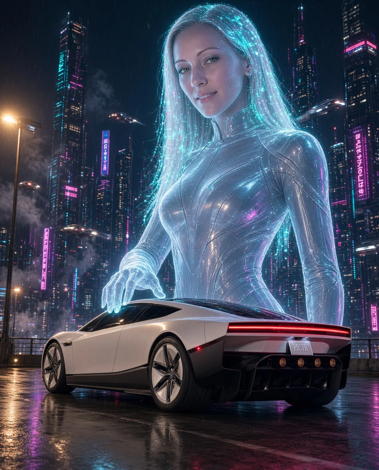 Giant glowing cyan and magenta hologram of a blonde woman in a liquid-silver bodysuit reaching down toward a white Tesla Roadster on a rain-slick rooftop in a neon megacity at night