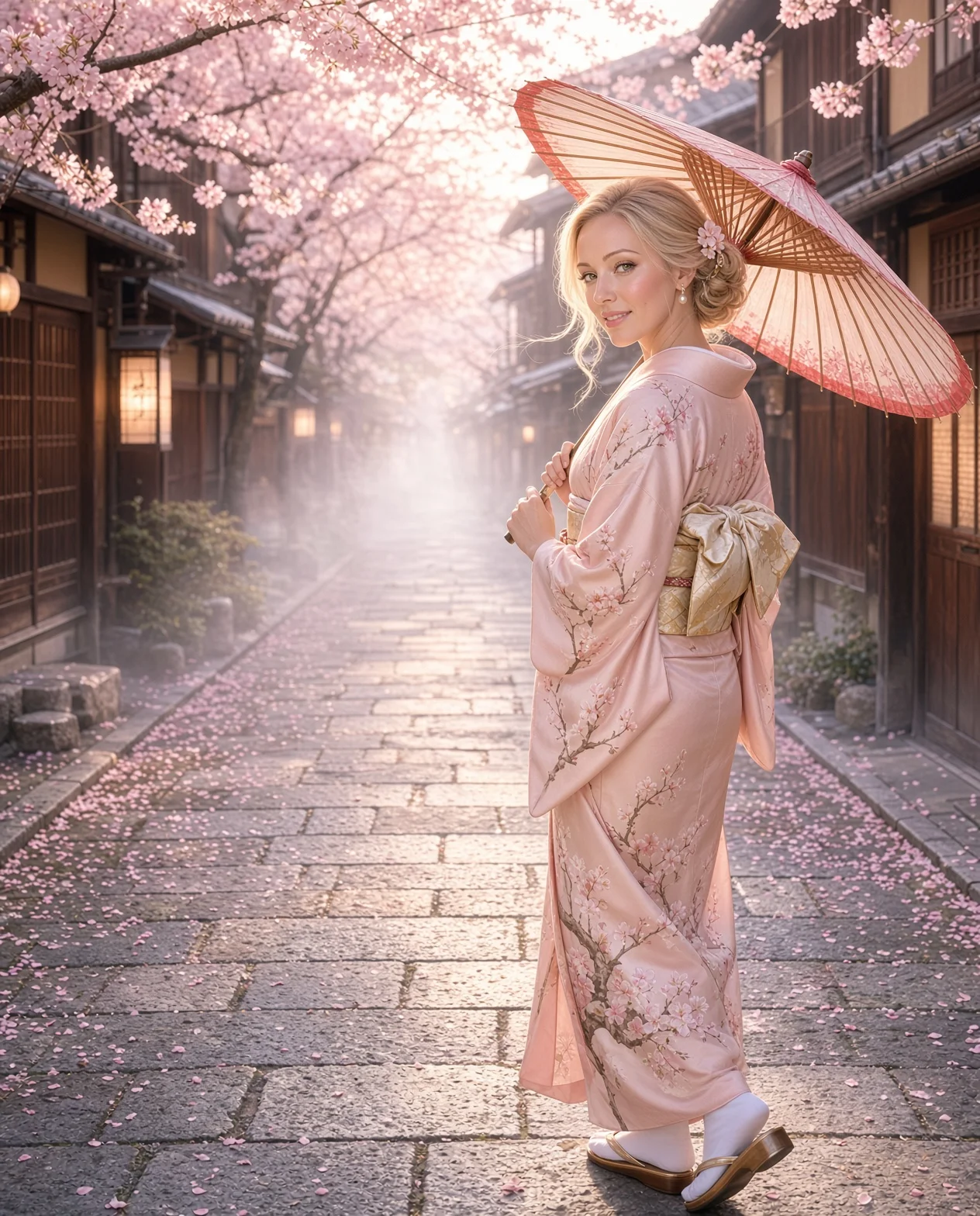 Blonde woman in a blush-pink cherry blossom kimono holding a red paper umbrella, glancing back over her shoulder on a misty stone lane in Kyoto at sunrise under blooming cherry trees