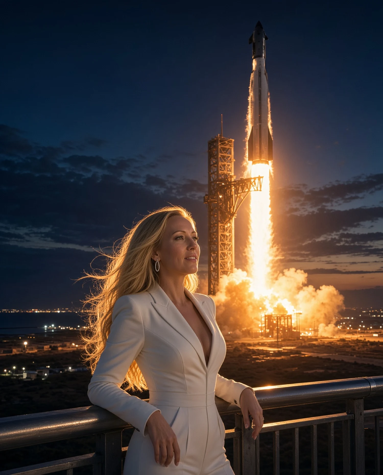 Blonde woman in a white jumpsuit leaning on a railing at night as a SpaceX Starship lifts off the launch tower on a column of orange fire behind her
