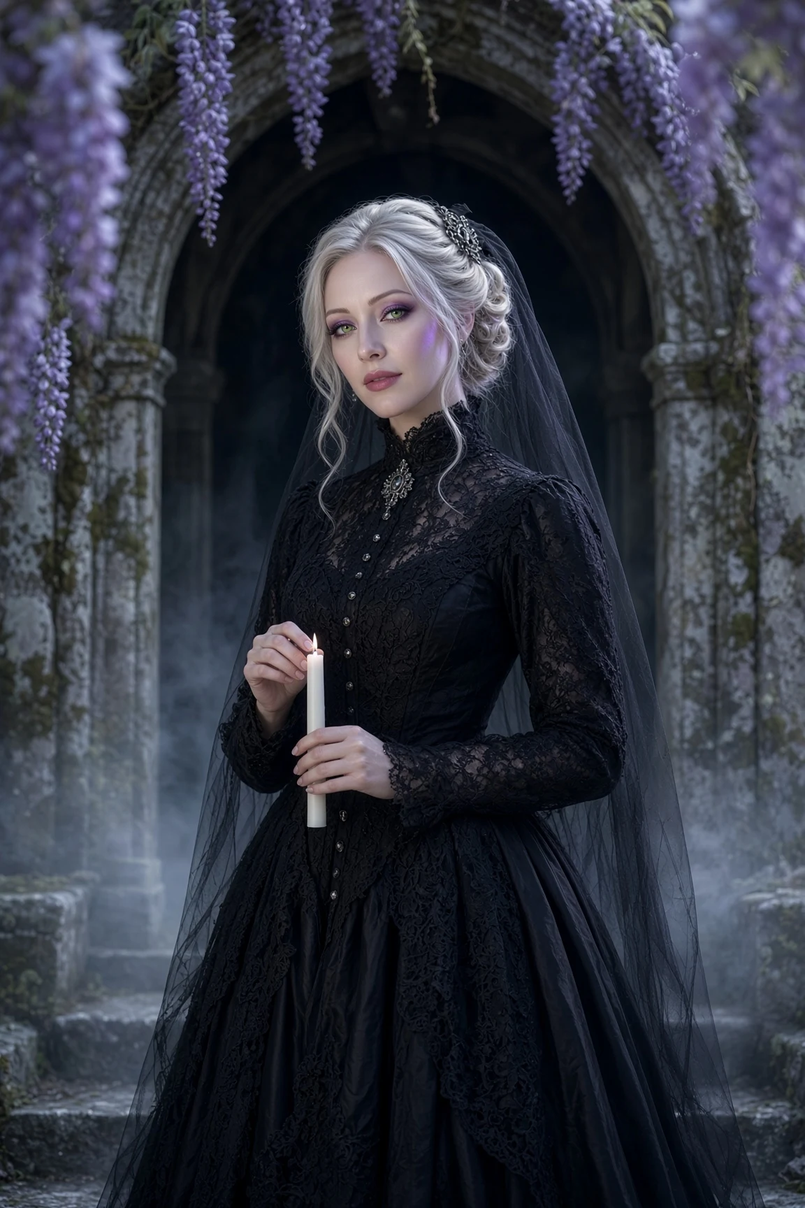 Pale blonde woman in a black Victorian lace mourning gown and sheer veil holding a white taper candle in the misty arched doorway of a stone crypt draped in lavender wisteria under cold moonlight